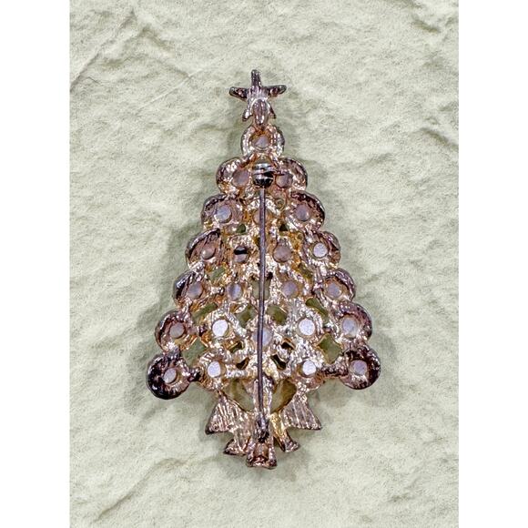 Mid-Century Green and Gold Rhinestone Christmas Tree Brooch Pin CP17 - Picture 5 of 5